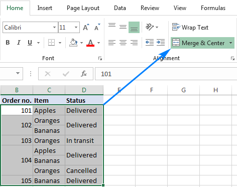 merge and center in excel for mac